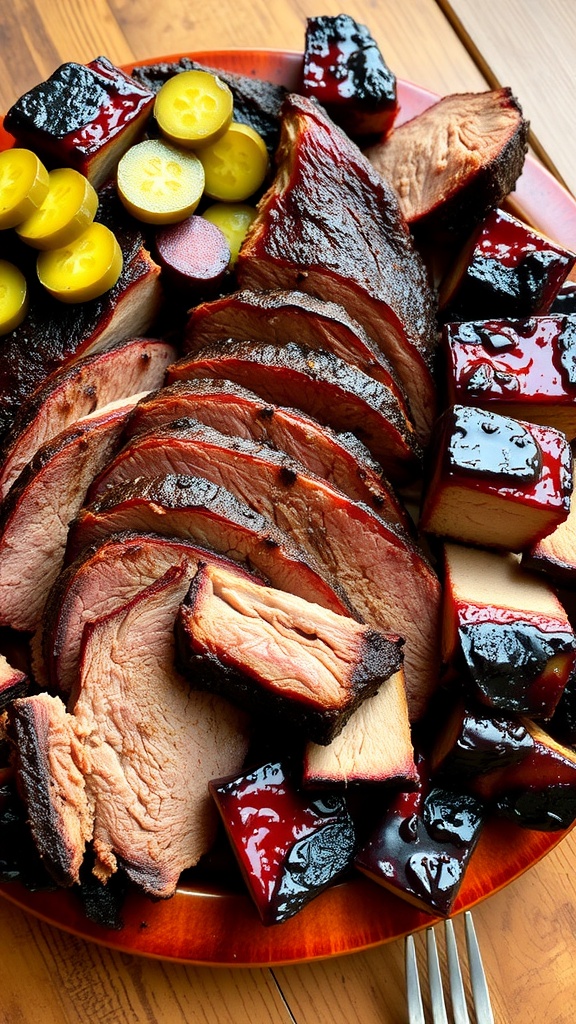 A platter of sliced smoked brisket and burnt ends, garnished with pickles on a rustic wooden table.